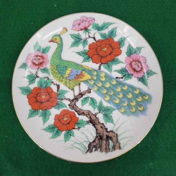 Vintage Floral Peacock Plate Wall Decor Gold Rim - Picture 7 of 8